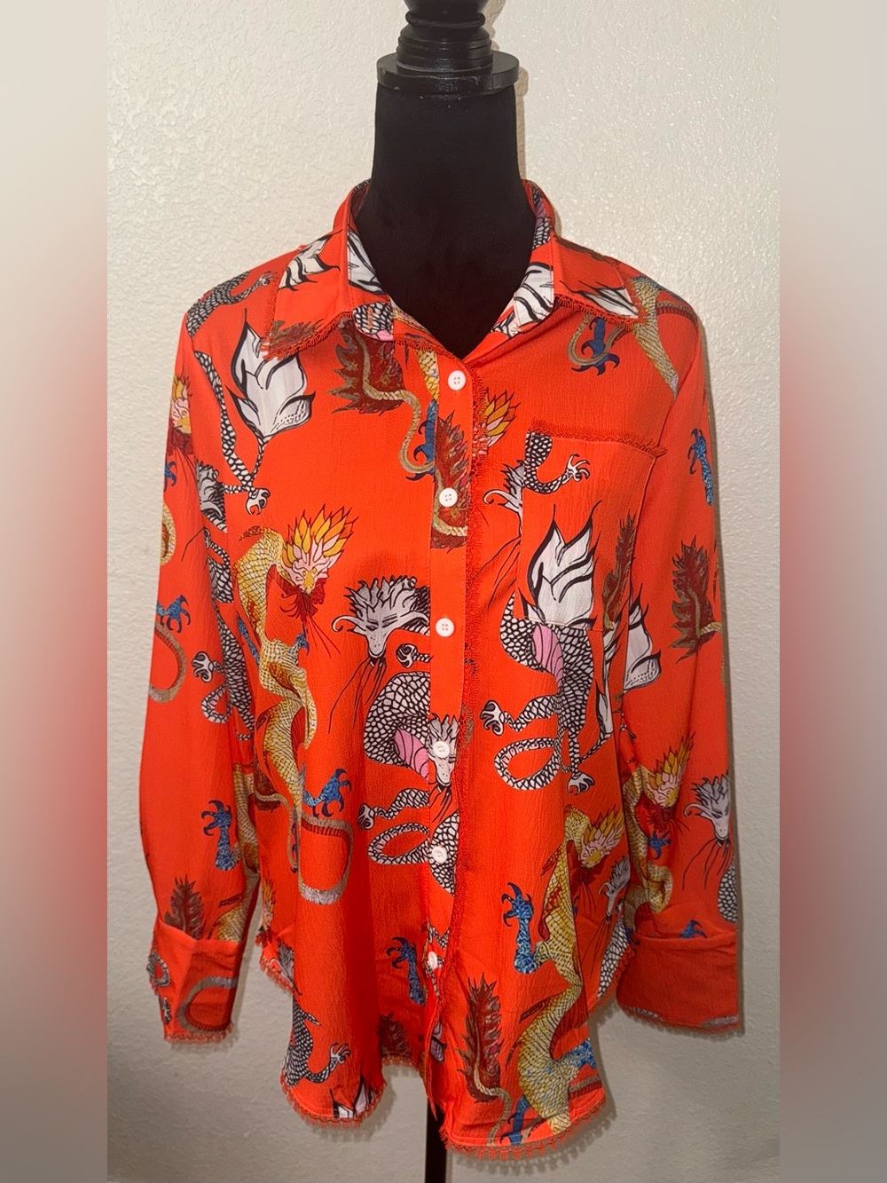Women's Orange Dragon Print Button-Front Top